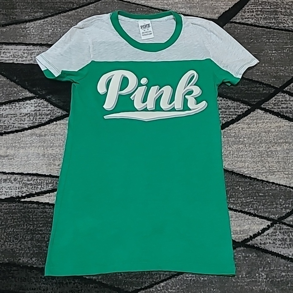 VICTORIA SECRET PINK 2015 CREW-NECK LOGO GREEN TEE-SHIRT PRICE FIRM